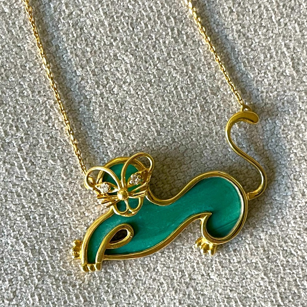 💚Vintage💚1950s 18K French & Malachite Diamond Pussycat Pendant Chain Necklace